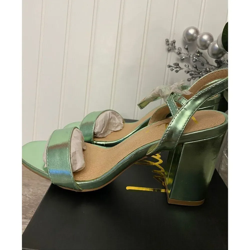 Lulus Womens Metallic Green Sandal High Heel Wedge Shoe Sz 6